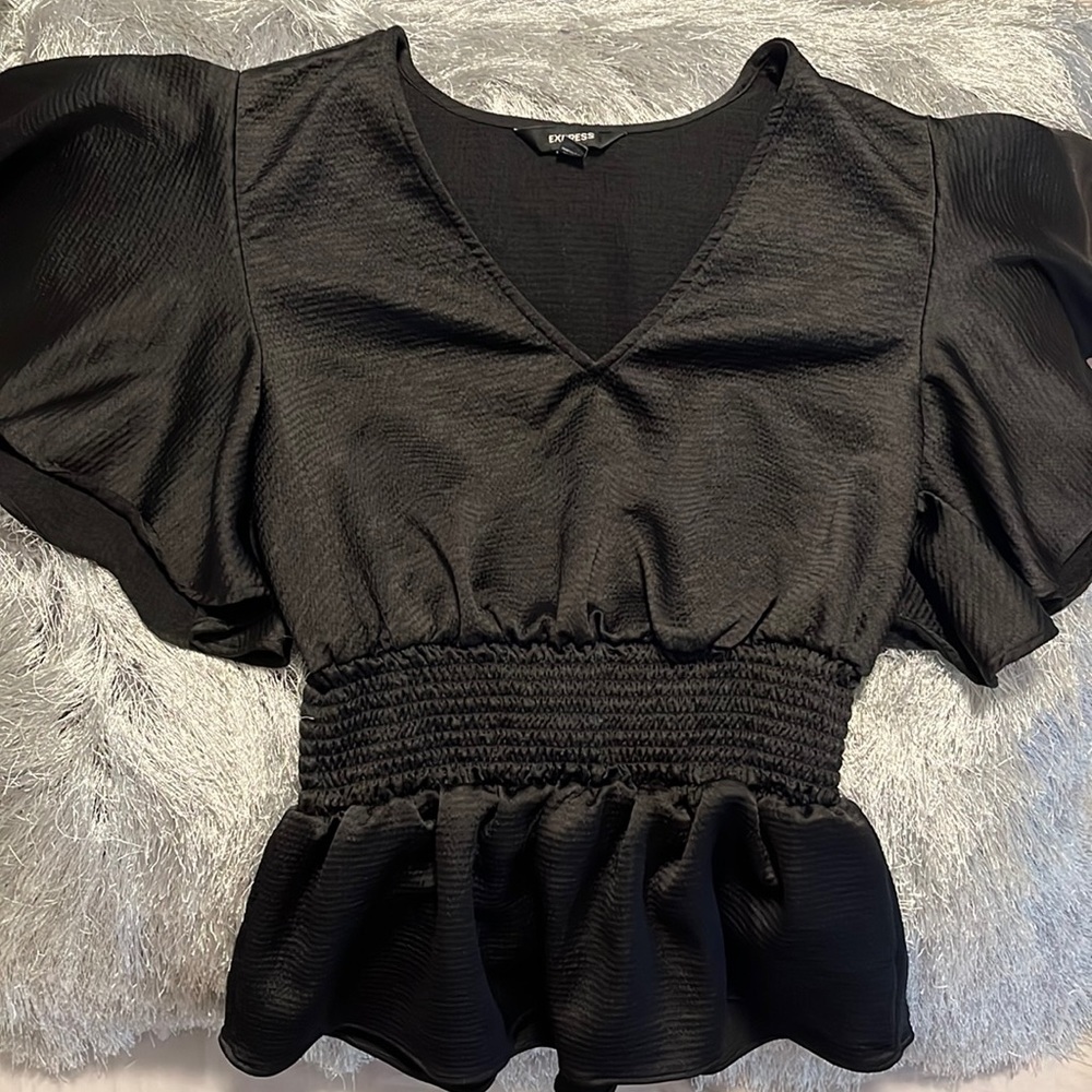 Express Black Ruffle Sleeve Peplum Top